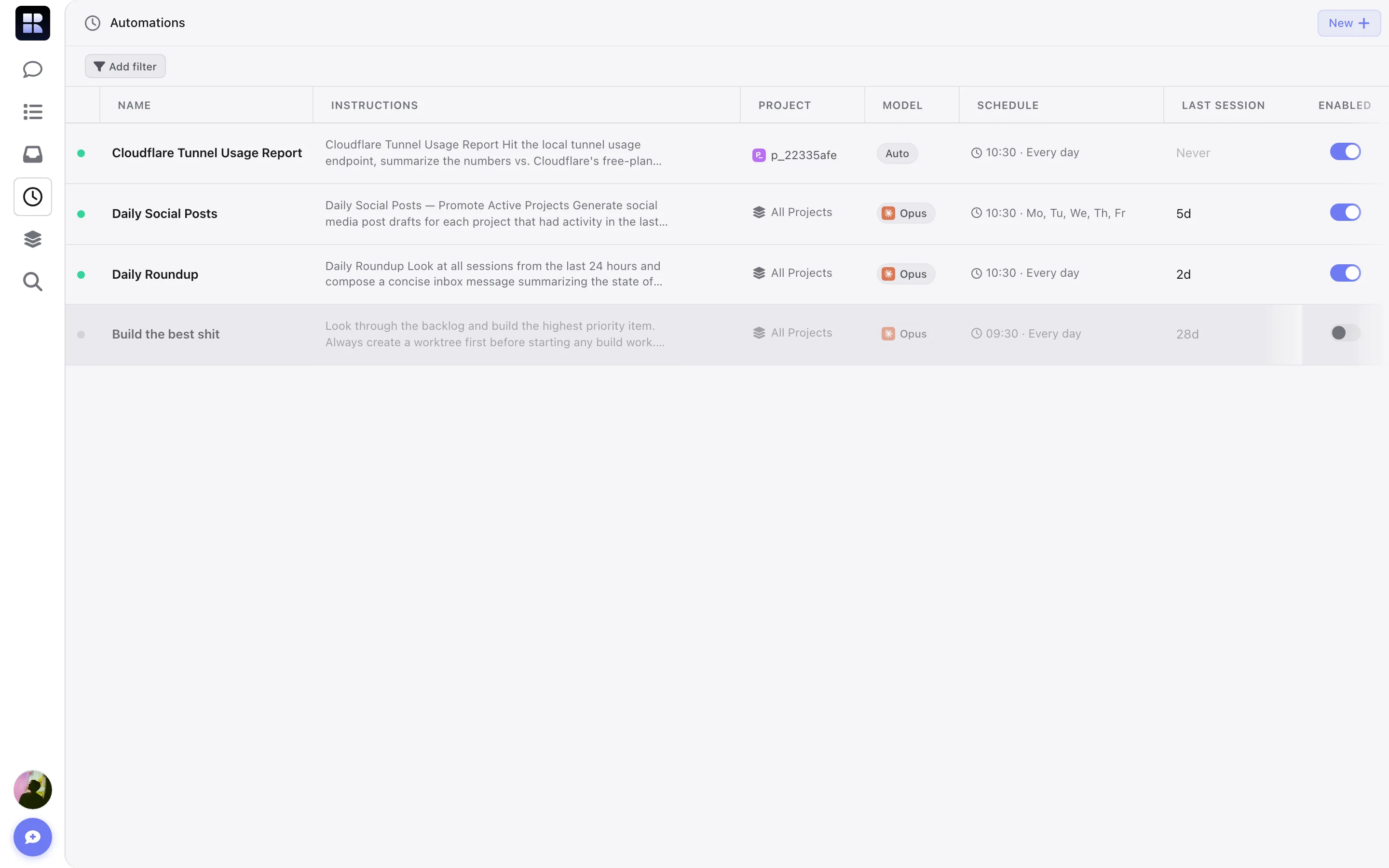 Automations panel with scheduled agent tasks