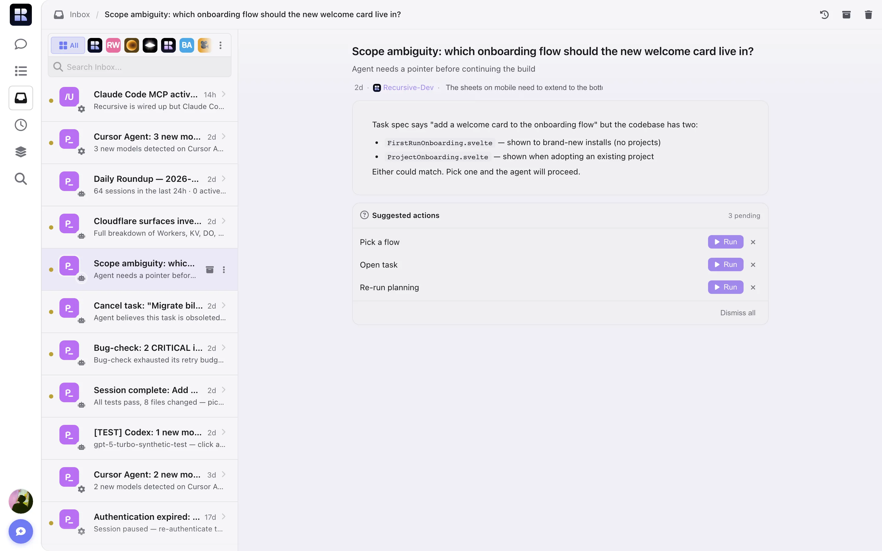 Inbox showing agent messages awaiting review