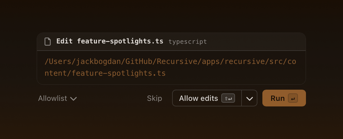 Inline tool-approval card with per-project allowlist
