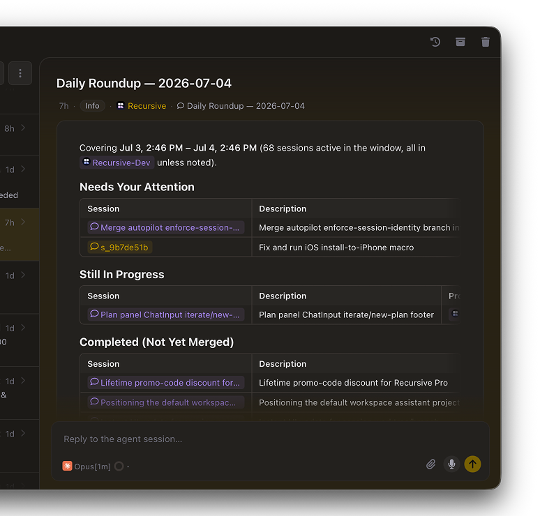 Inbox detail view for a daily roundup with session tables, project tags, and an in-place reply composer