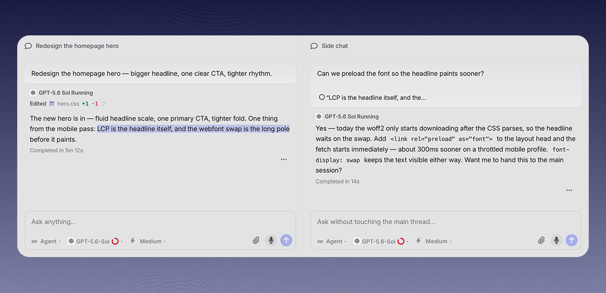 A main session chat beside a side chat branched from selected feed text