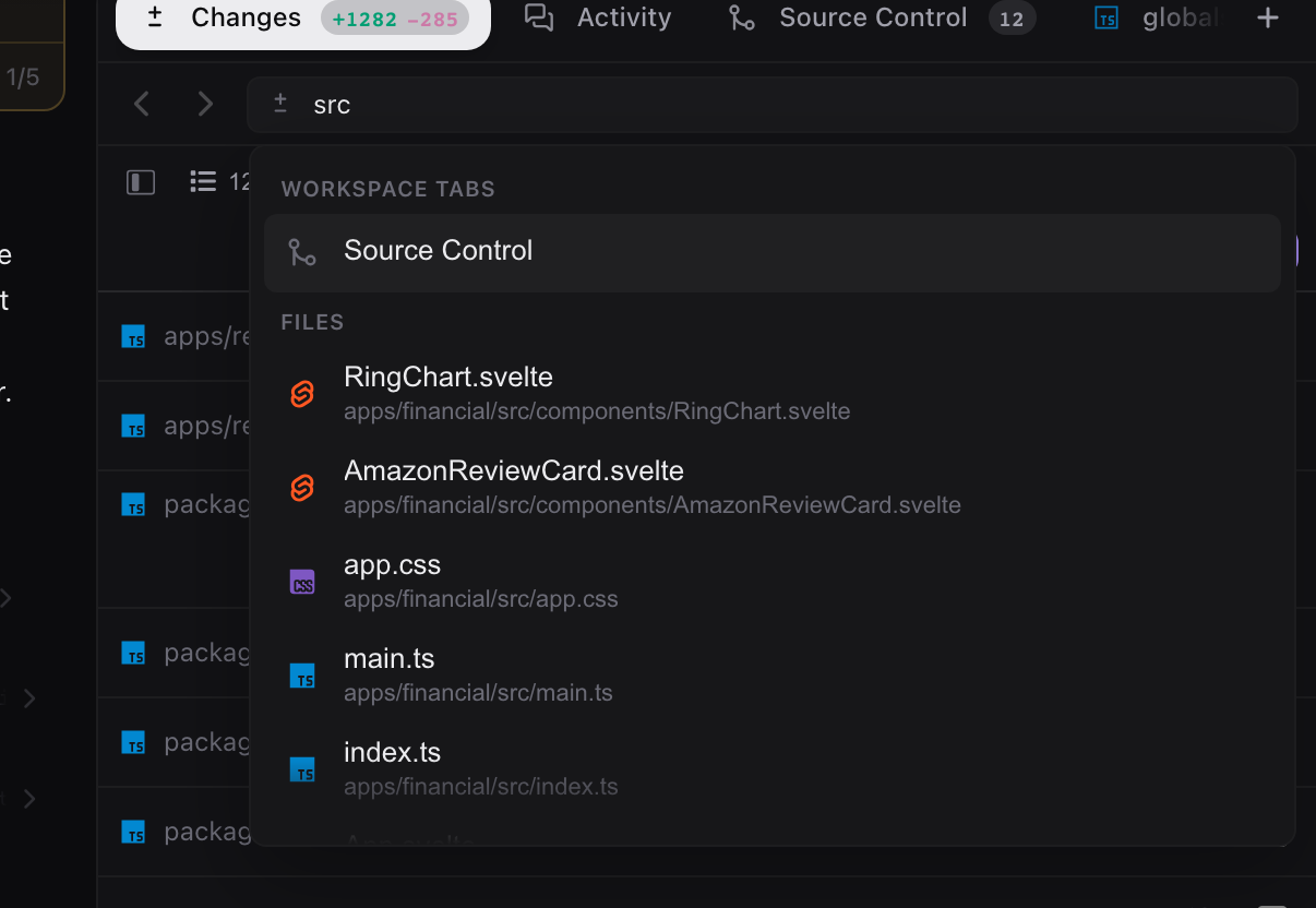 Workspace address bar with omnibox suggestions on the Changes tab
