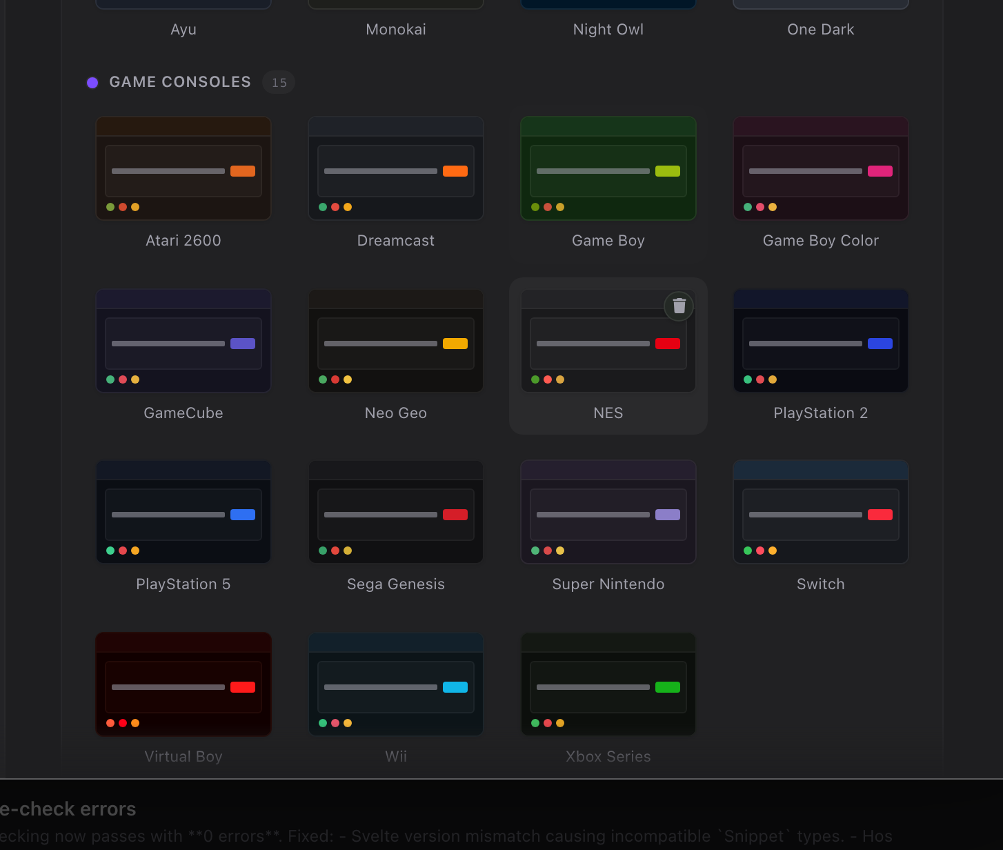 Theme pack previews with hover state on the Game Consoles collection