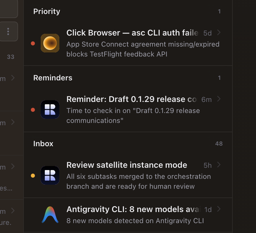 Inbox messages organized into Priority, Reminders, and Inbox groups