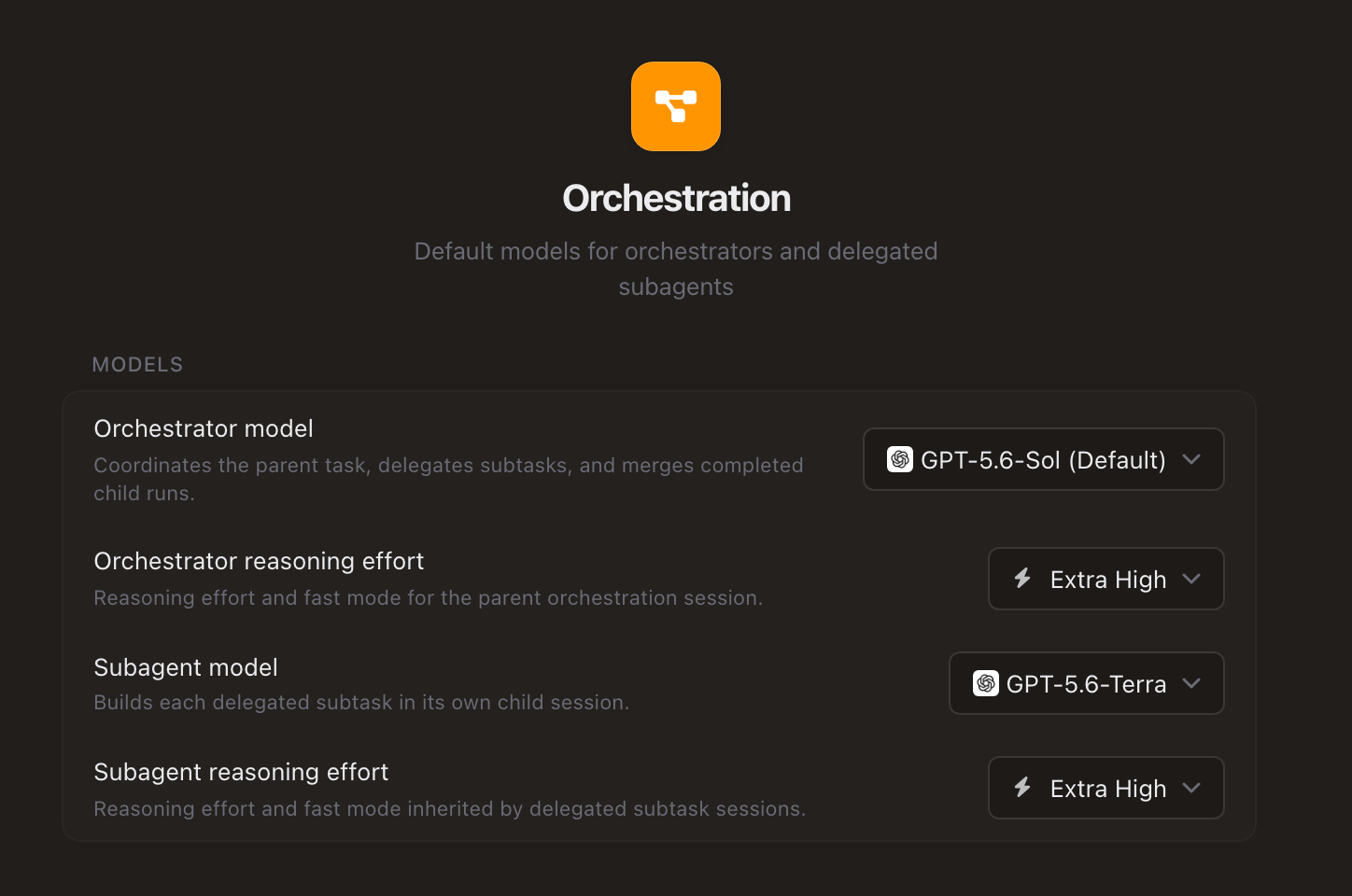 Orchestration settings with separate model defaults for orchestrators and delegated builders