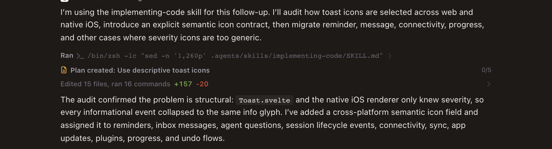 Session history with completed agent work condensed into expandable turn summaries