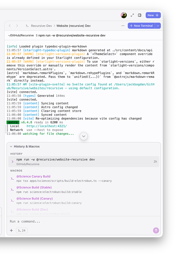 Terminal sheet running the Recursive website dev server, with History and Macros below the output